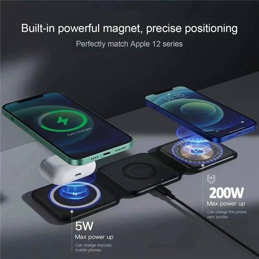 New 3In1 Foldable Wireless Charger Pad Stand Magnetic Fast Charging Dock Station for Iphone 15 14 13 12 X XR Apple Watch Airpod