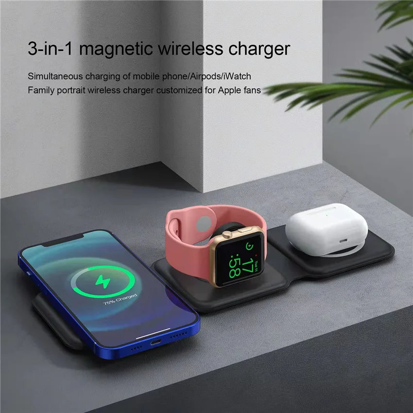 New 3In1 Foldable Wireless Charger Pad Stand Magnetic Fast Charging Dock Station for Iphone 15 14 13 12 X XR Apple Watch Airpod